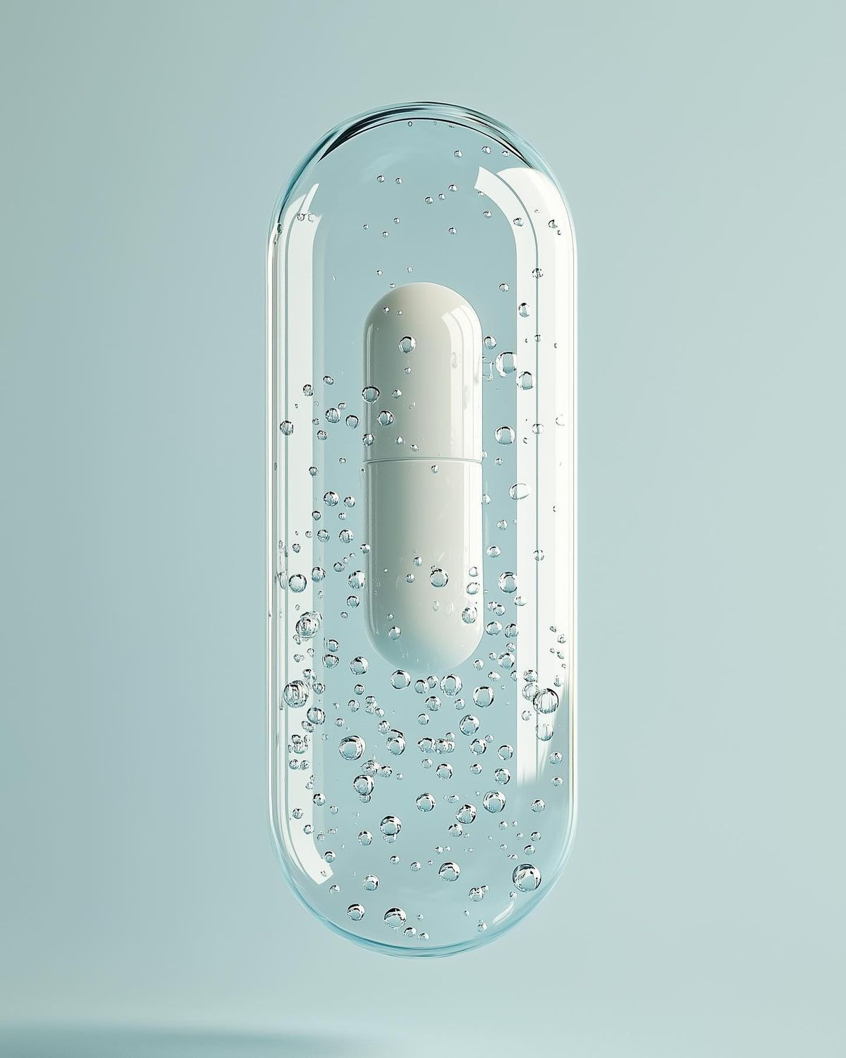 Hero render — molecule / capsule macro on soft gradient